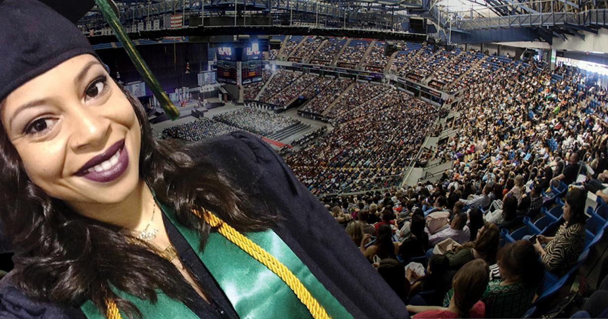 Anya-Jael Woods in her cap and gown with a quote from her to the left of the photo that reads, "Walking across the graduation stage was the catalyst for everything else."